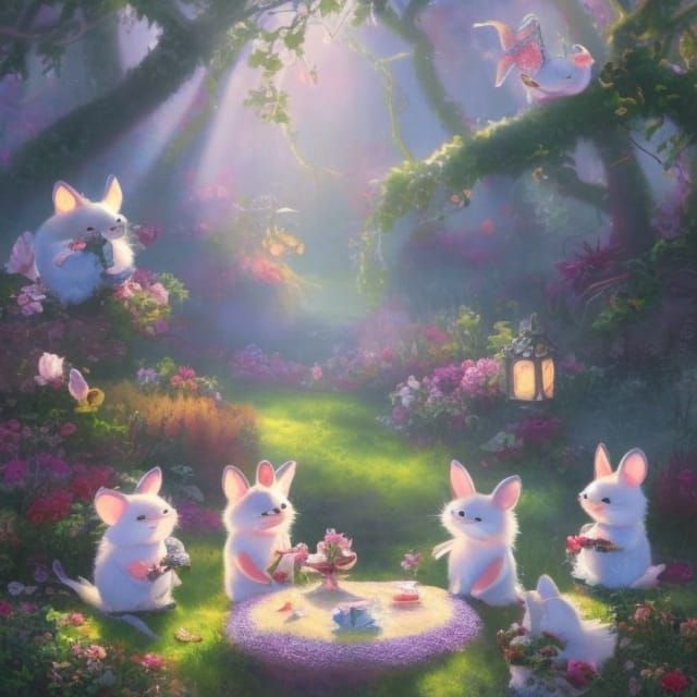 Magical Mice Tea Party in Forest: Watercolor Art