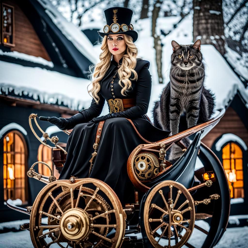 Steampunk Nordic Goddess Freya and Cat that *normally* pulls her Chariot