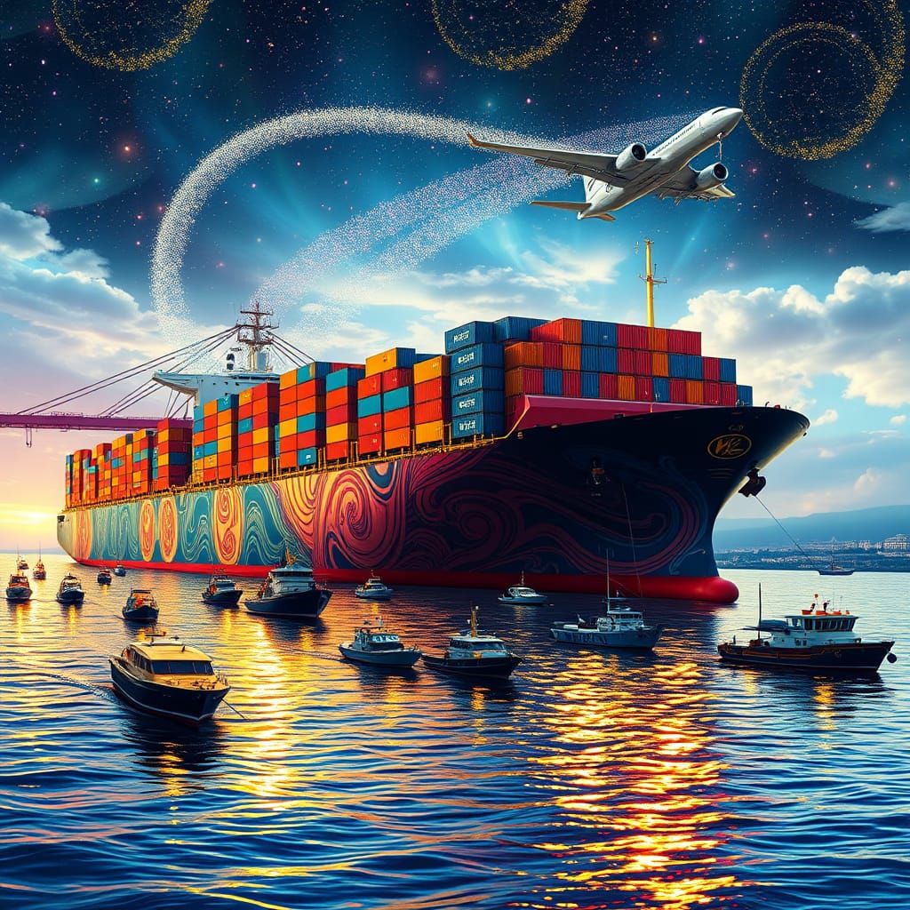 Cosmic Container Ship in Vibrant Ayahuasca Patterns