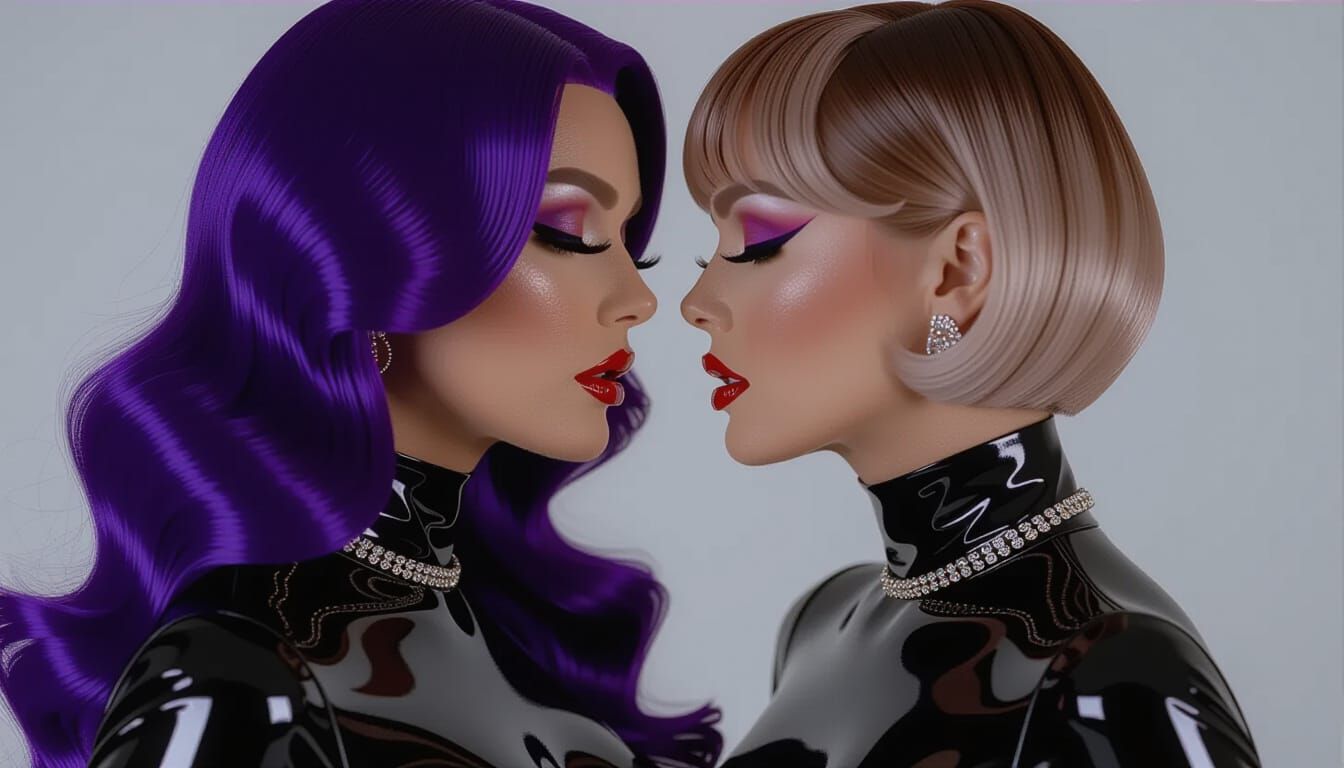 Intense Romantic Gaze Between Two Crossdressers in Latex