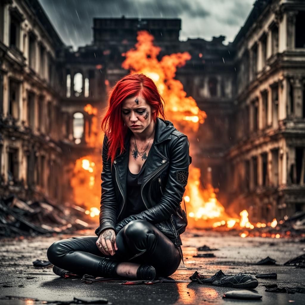Devastated Girl Crying in Burning Ruins