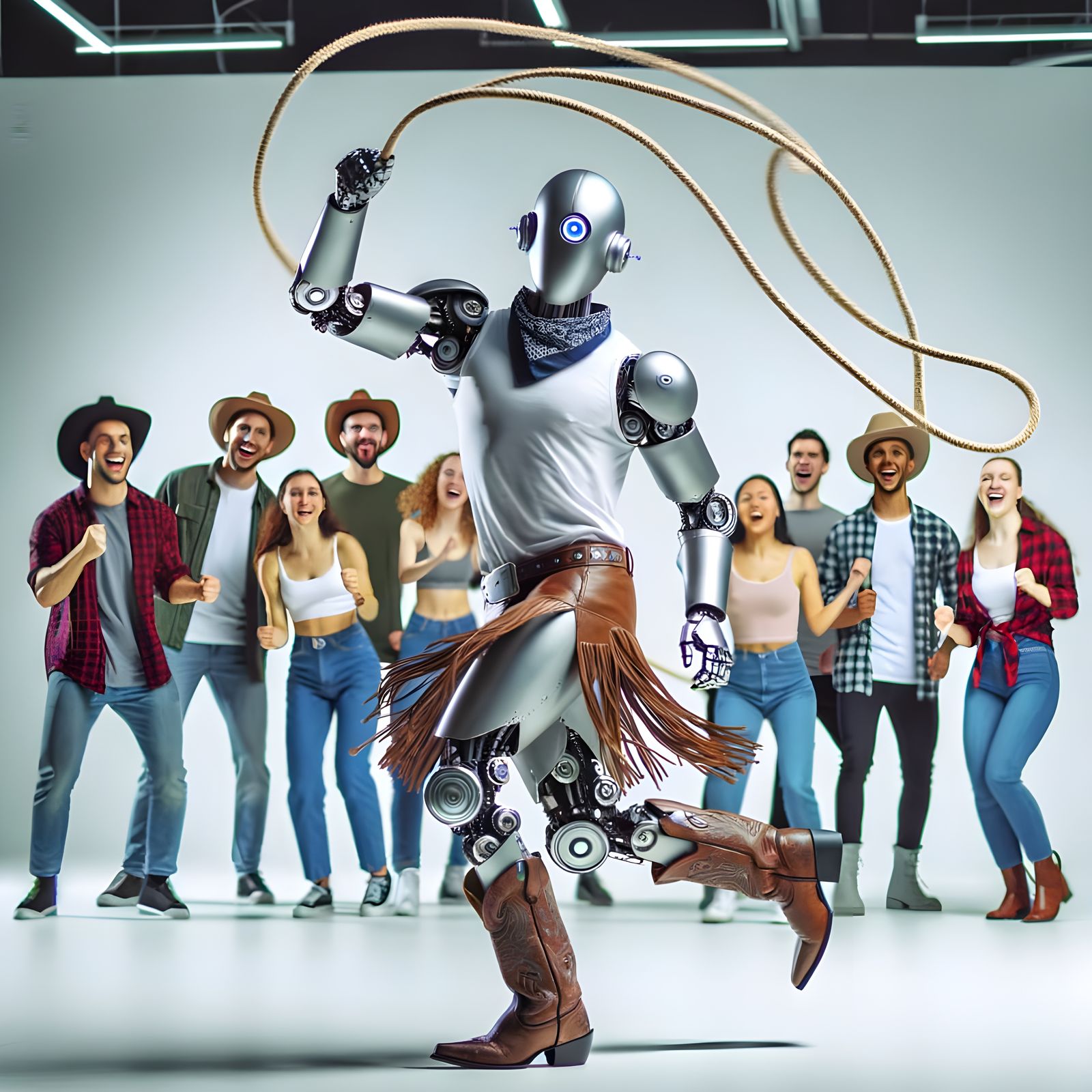A Mexican man wearing a T-shirt and cowboy chaps twirls a lasso over his head. A waist height robot is wearing an alien ...