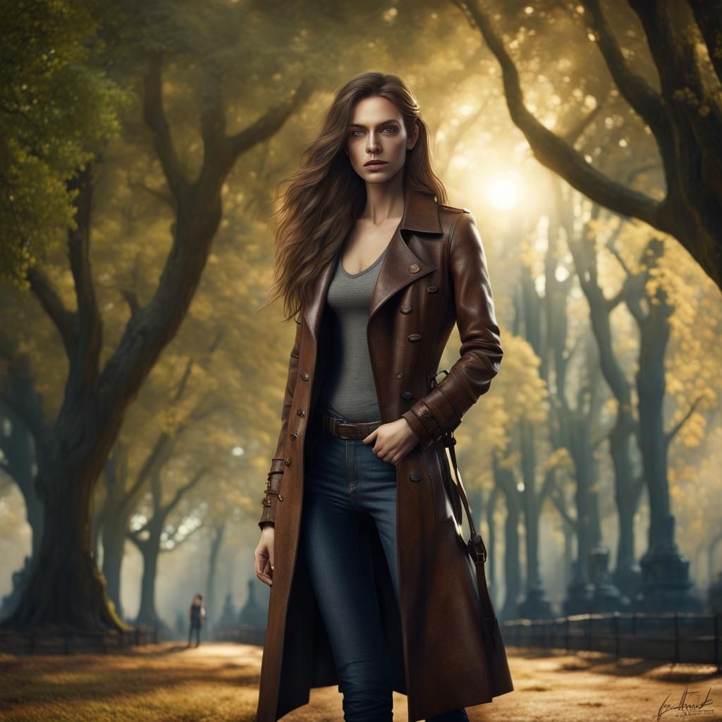 Woman in Park, Detailed Matte Painting Style