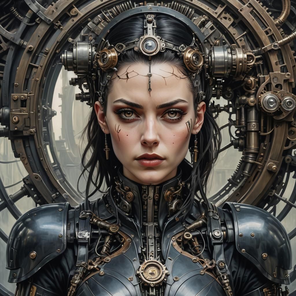 Gothic Dieselpunk Woman with Mechanical Exoskeleton
