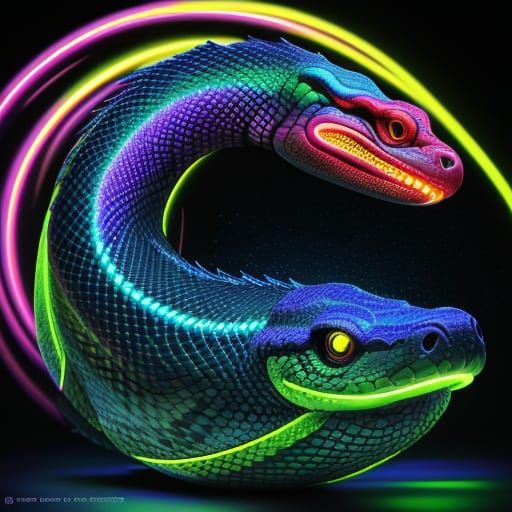 Vibrant Digital Art of a Snake Playing Basketball in a Neon-...