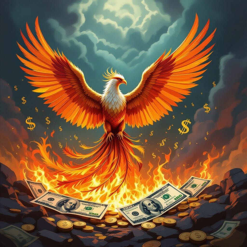 Phoenix Rises from Burning Banknotes in Epic Fantasy Style