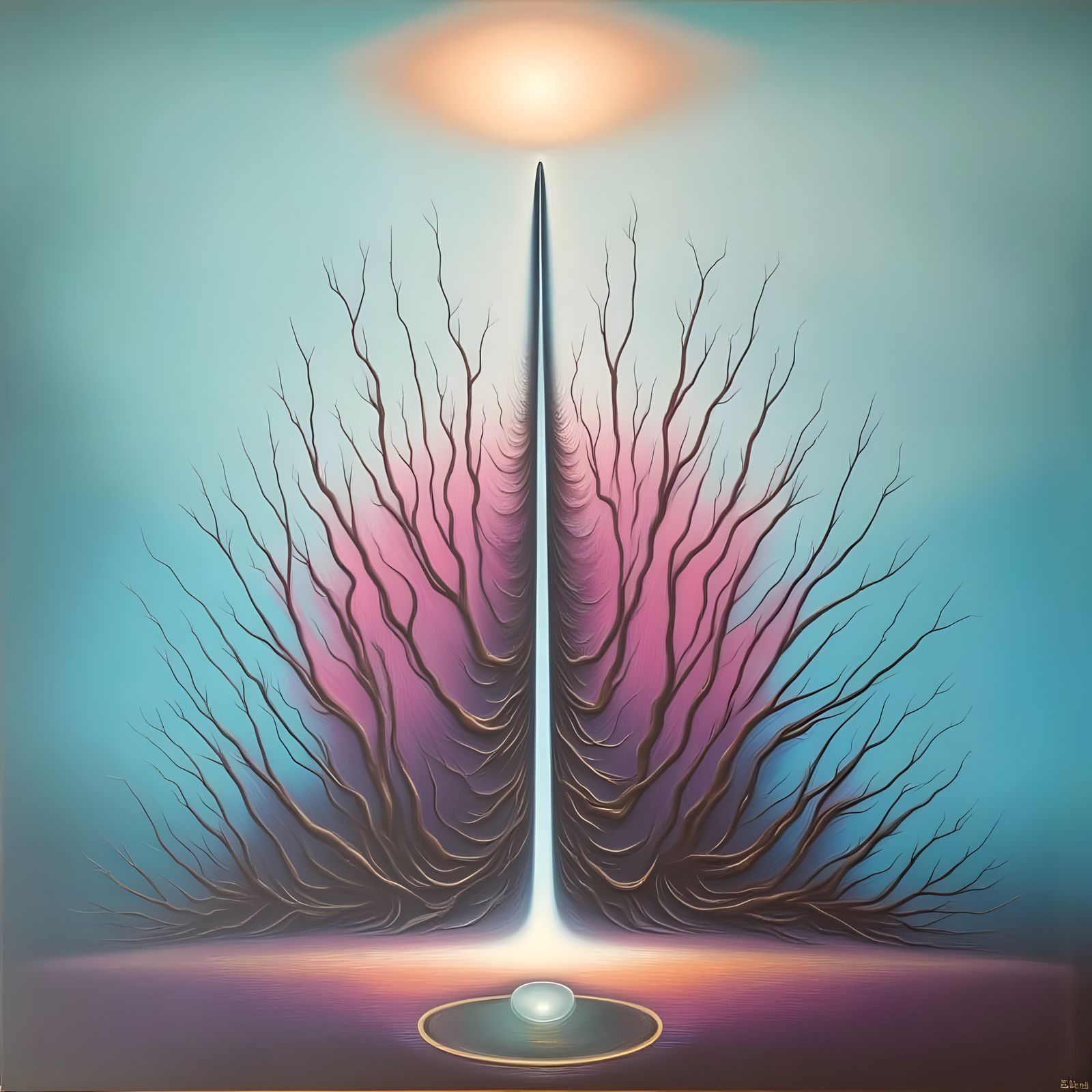 Ethereal Vertical Form in a Hazy, Atmospheric Scene