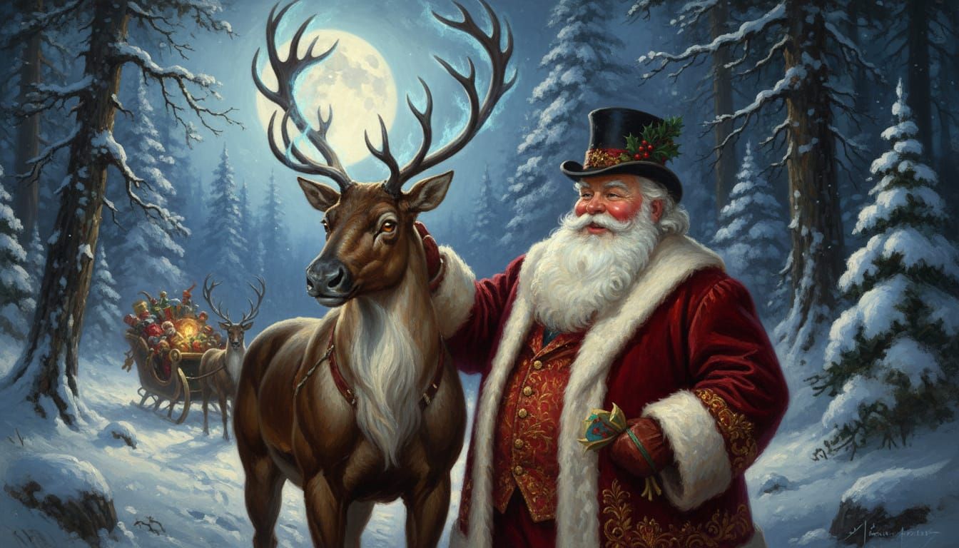 Victorian Santa and Reindeer Oil Painting