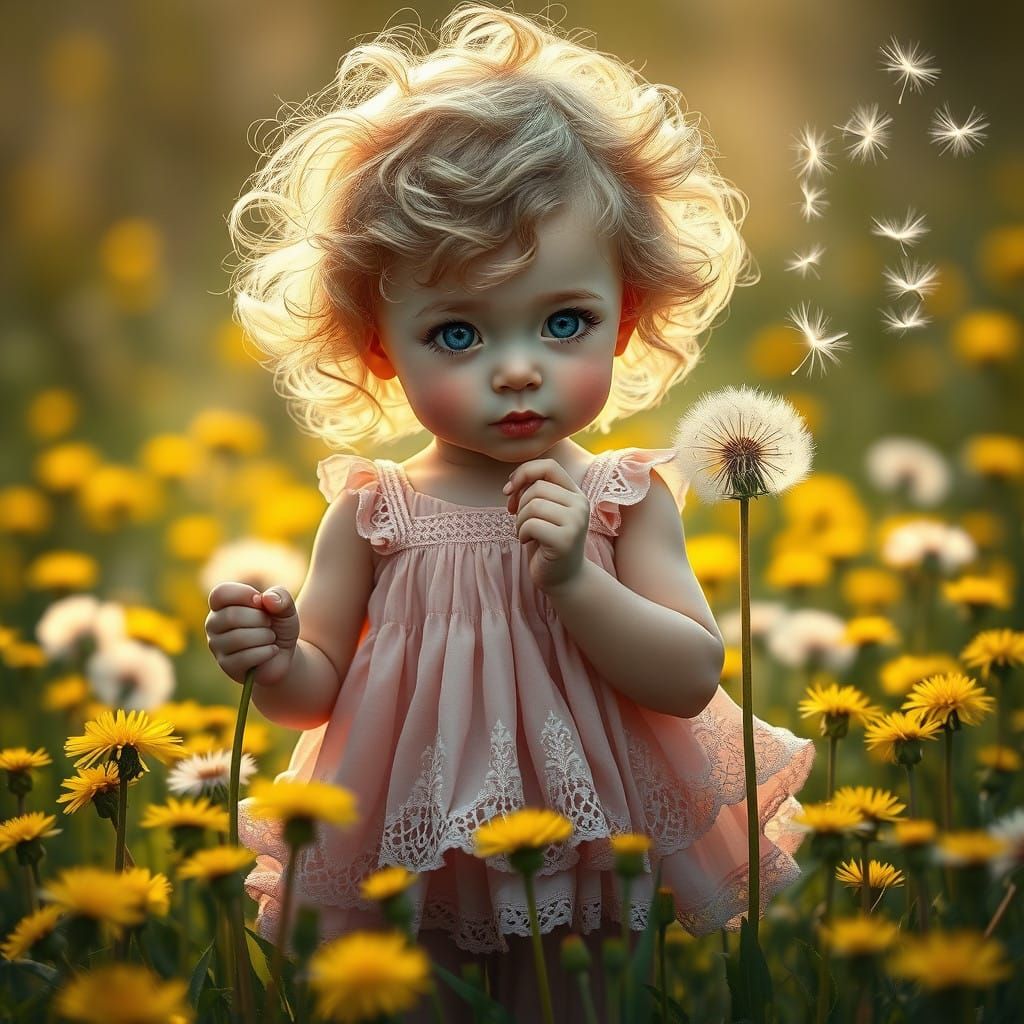 Whimsical Girl Among Dandelions in Vibrant Fantasy Landscape