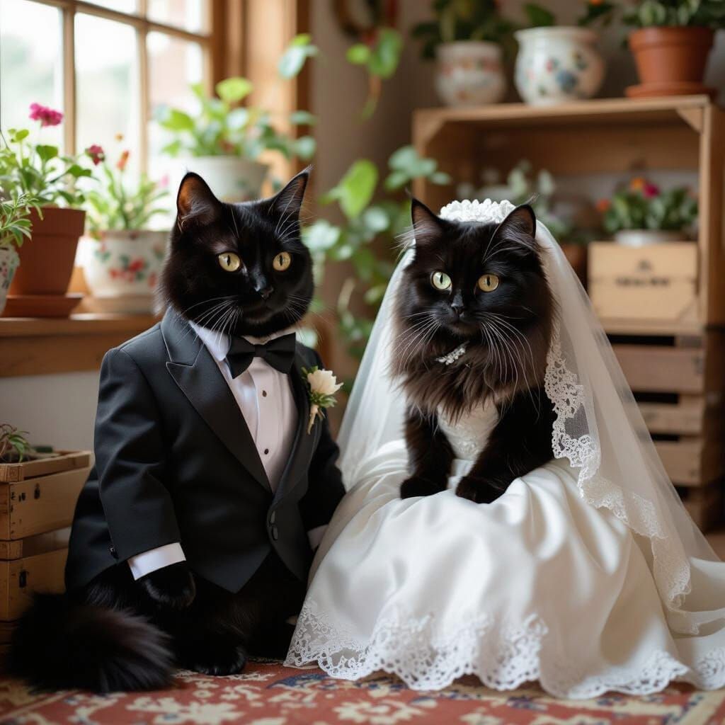 Cats Dressed for Wedding in Whimsical Setting