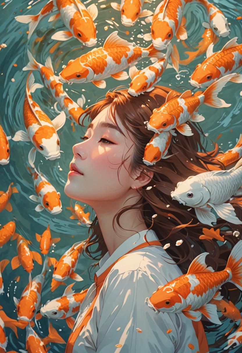 Anime Woman Surrounded by Koi Fish