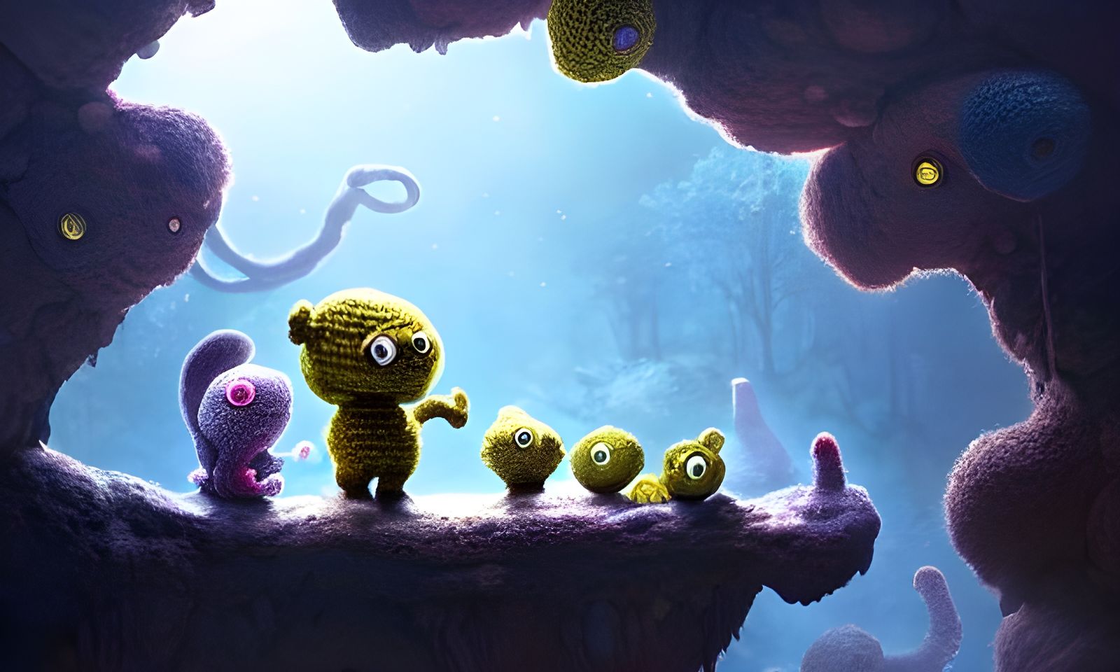Crochet Monsters Explore Underground Cave: Digital Art