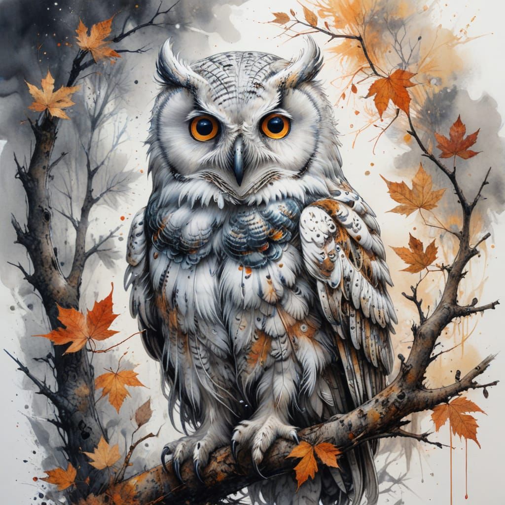 Ethereal Snow Owl Perches Amidst Vibrant Autumn Branches