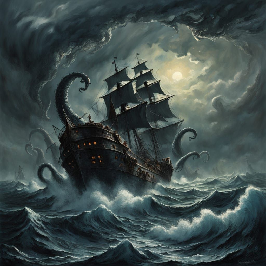 Giant Tentacled Sea Monster Rises from Dark Ocean Depths