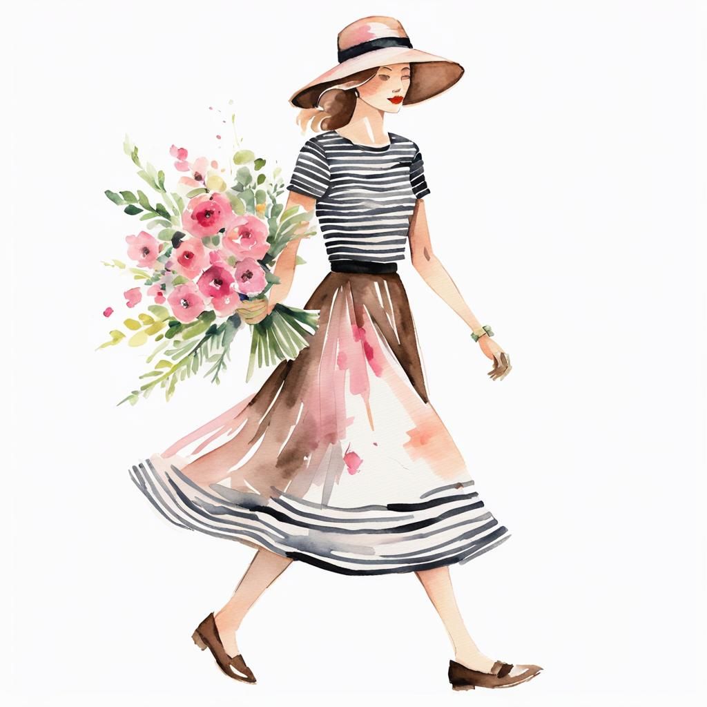 Chic Woman in Pink Skirt: Watercolor Illustration