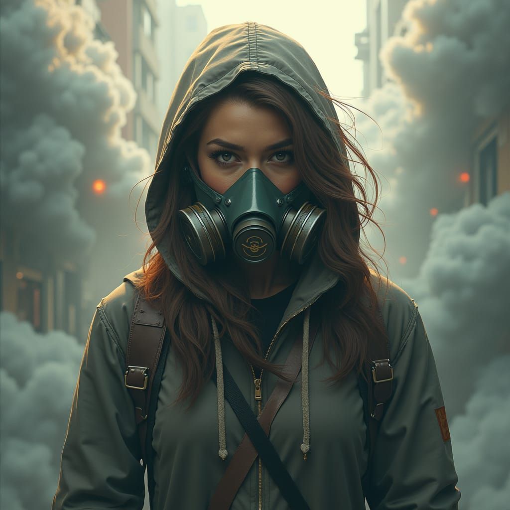 Empowered Woman in Toxic Cityscape