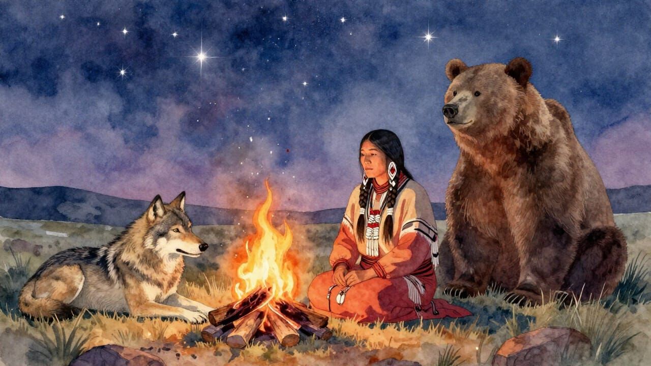 Medicine Woman and Spirit Animals by Firelight