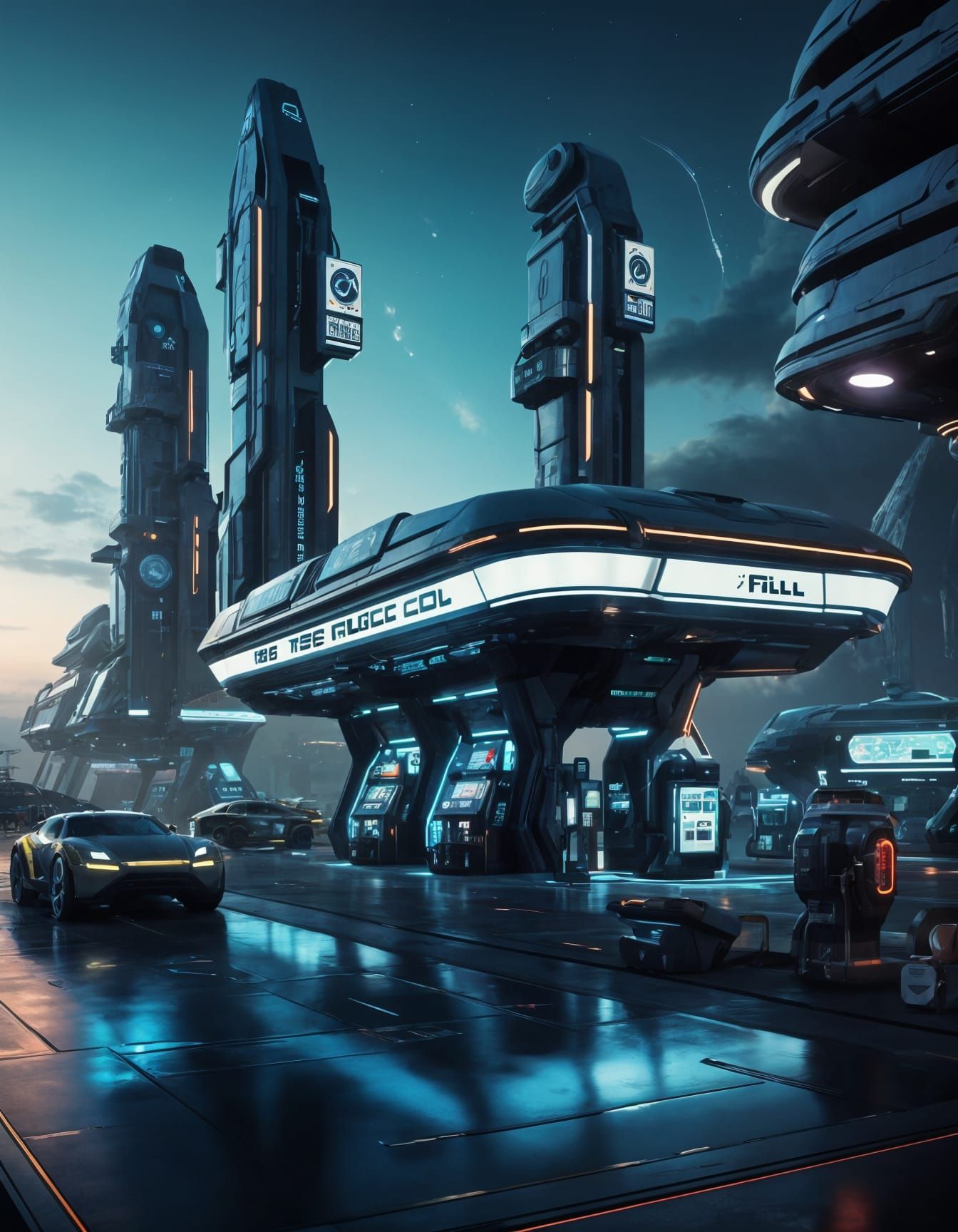 Futuristic Spaceship Fuel Station with Glowing Pumps