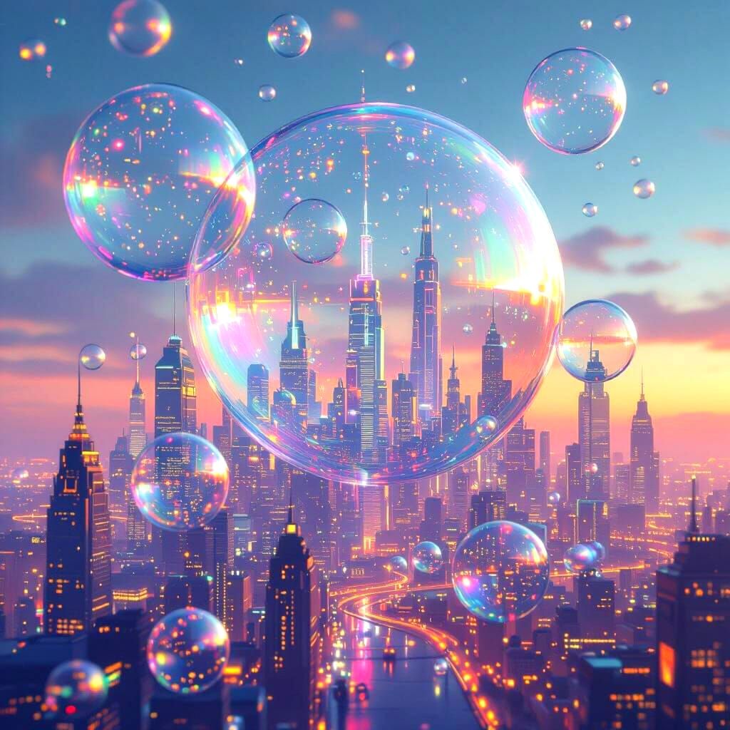 Shimmering Bubble City Above Futuristic Metropolis