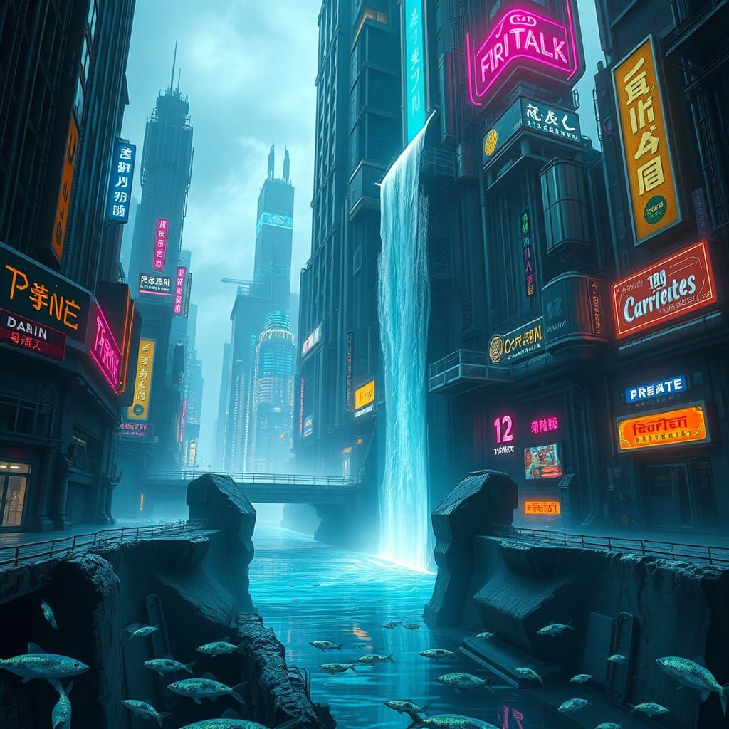 Cyberpunk Skyscraper Waterfall in Gritty Realistic Style
