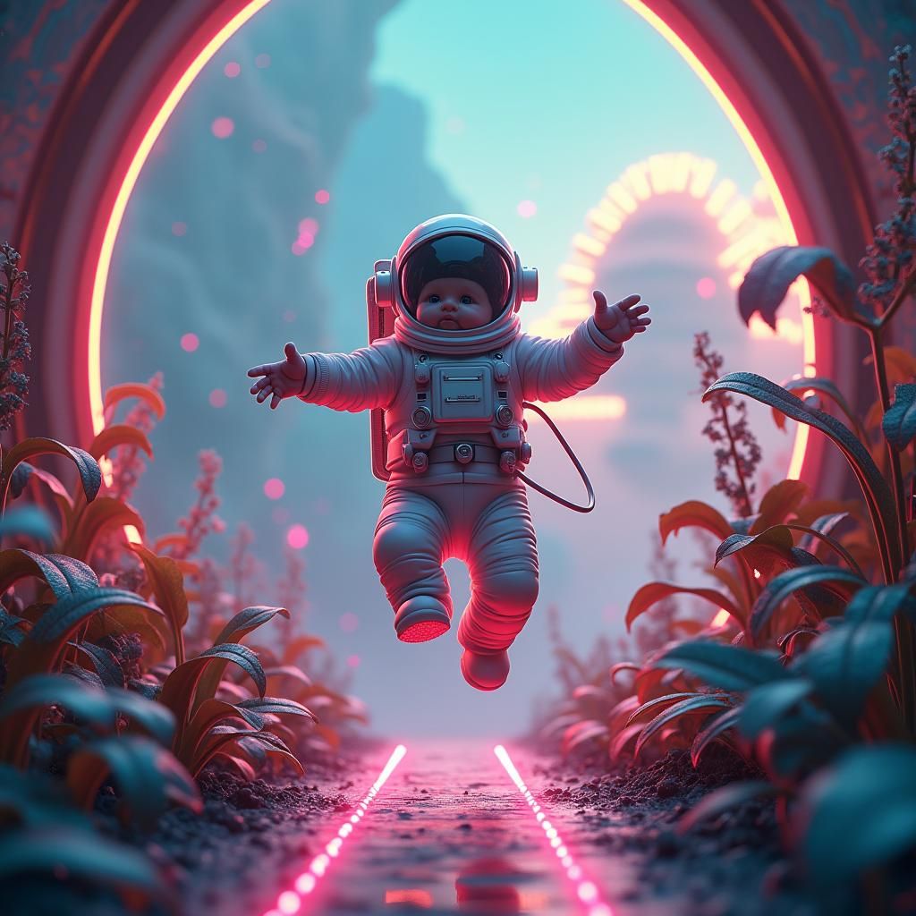 Baby Astronaut's Joyful Leap to Art Deco Starship