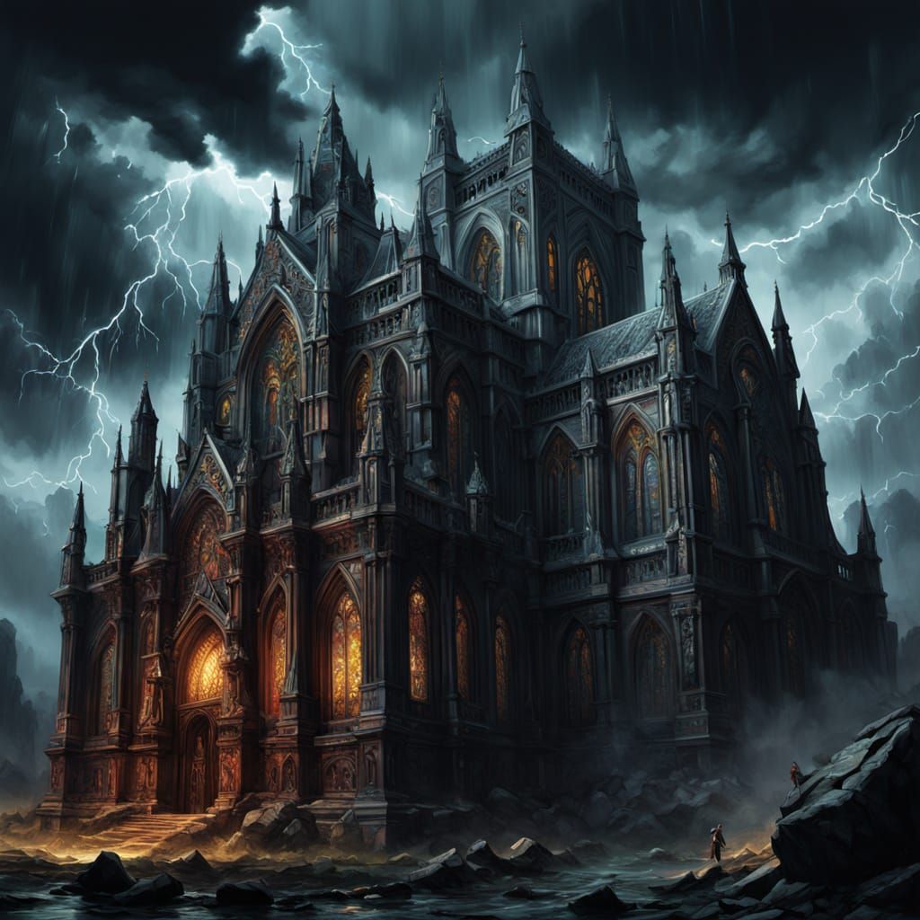 Gothic Cathedral Birdhouse in Stormy Sky