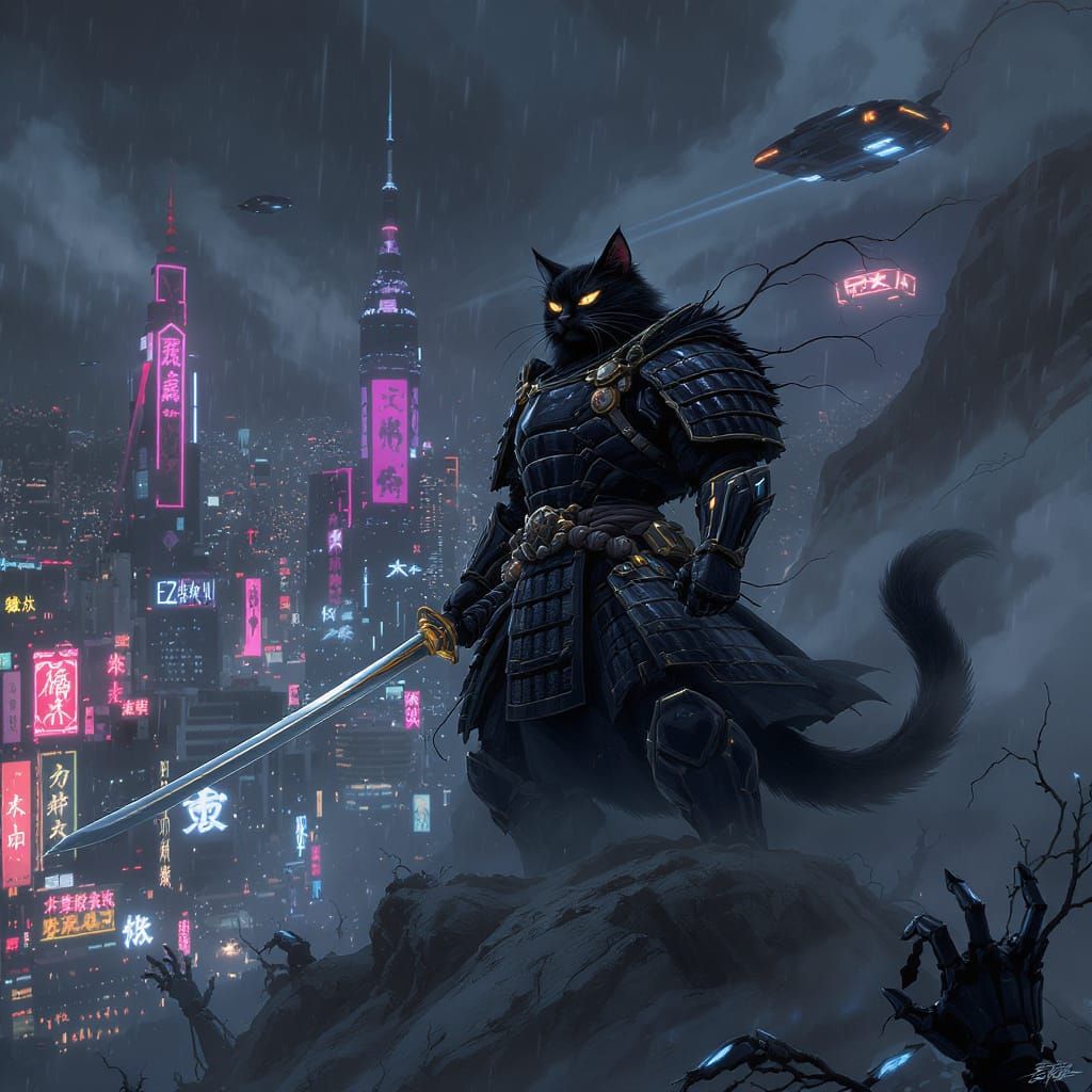 Cyberpunk Samurai Cat Overlooking Neon City