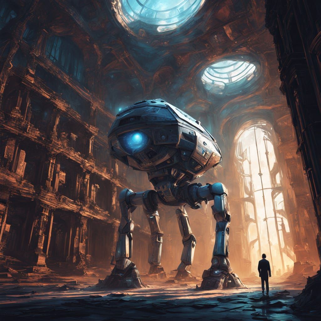 Antique Robot in Ruined Library Concept Art
