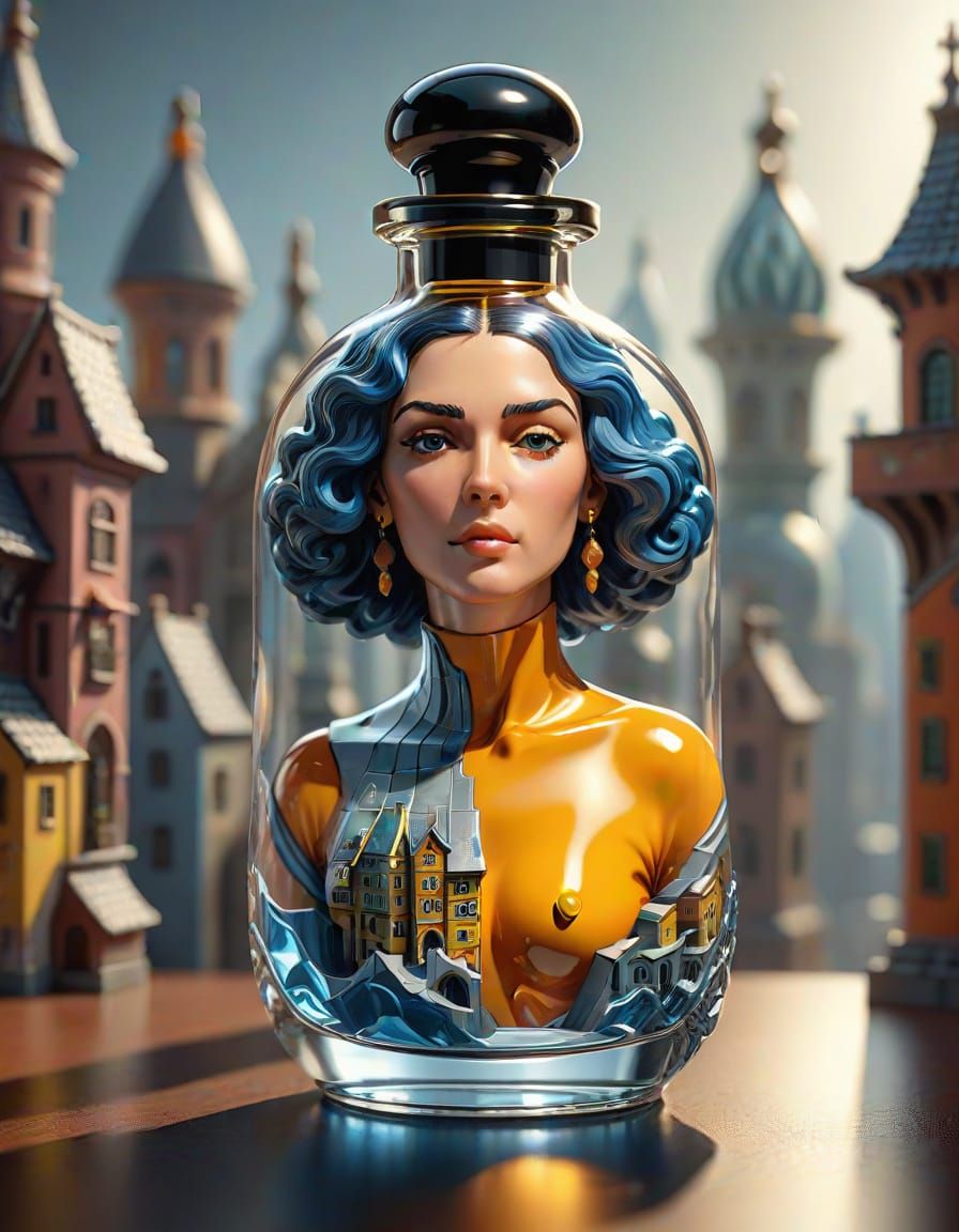 Perfume Bottle with Miniature City, Photorealistic 8K