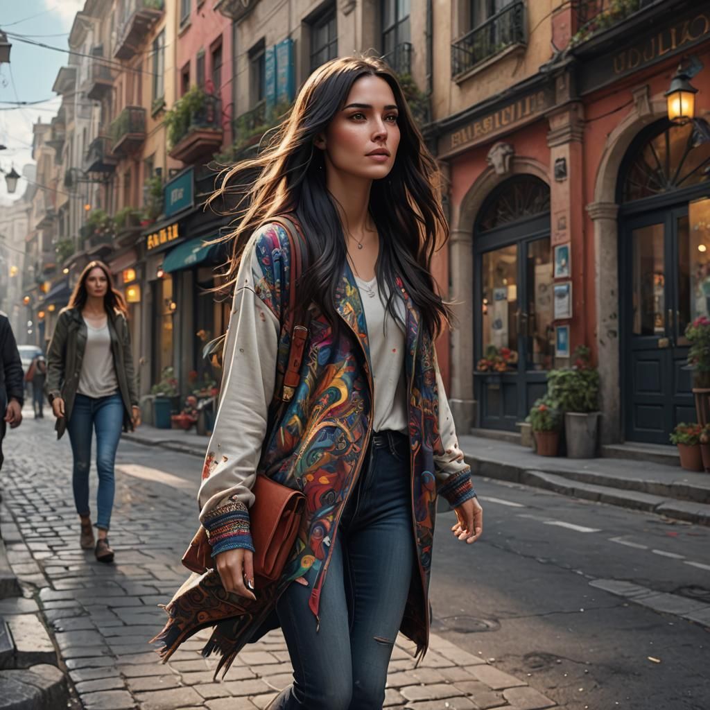 Woman with Dark Hair Walking: Photorealistic Fantasy Art