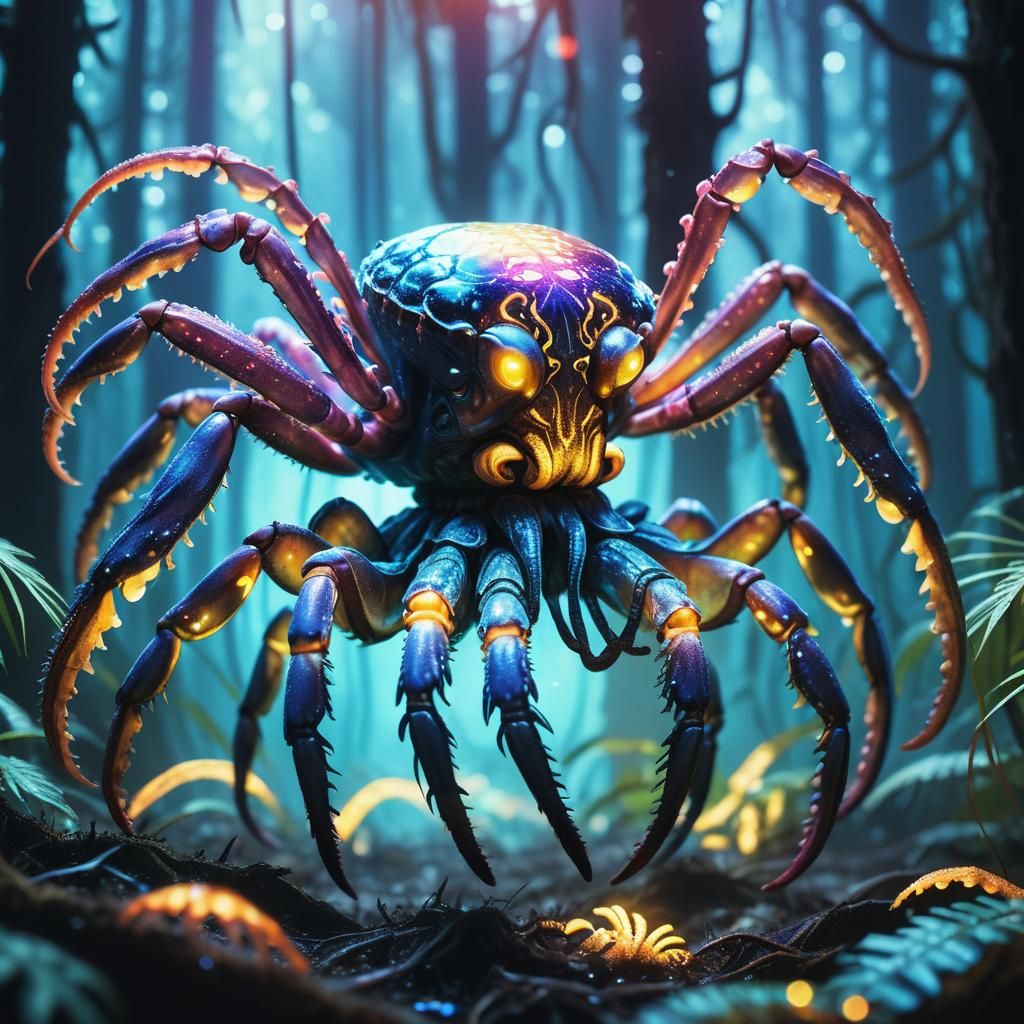 Bioluminescent Alien Crab in Iridescent Forest