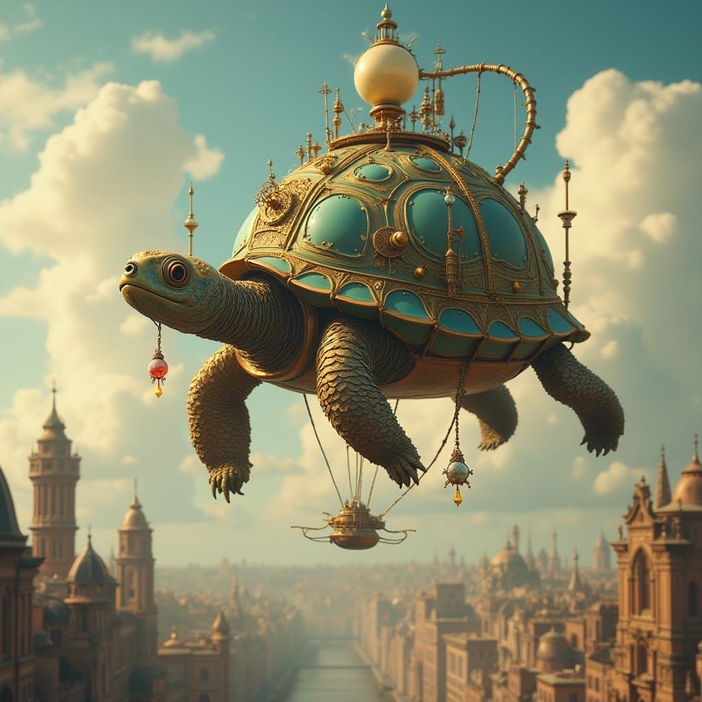Steampunk Tortoise Dirigible Over Victorian City