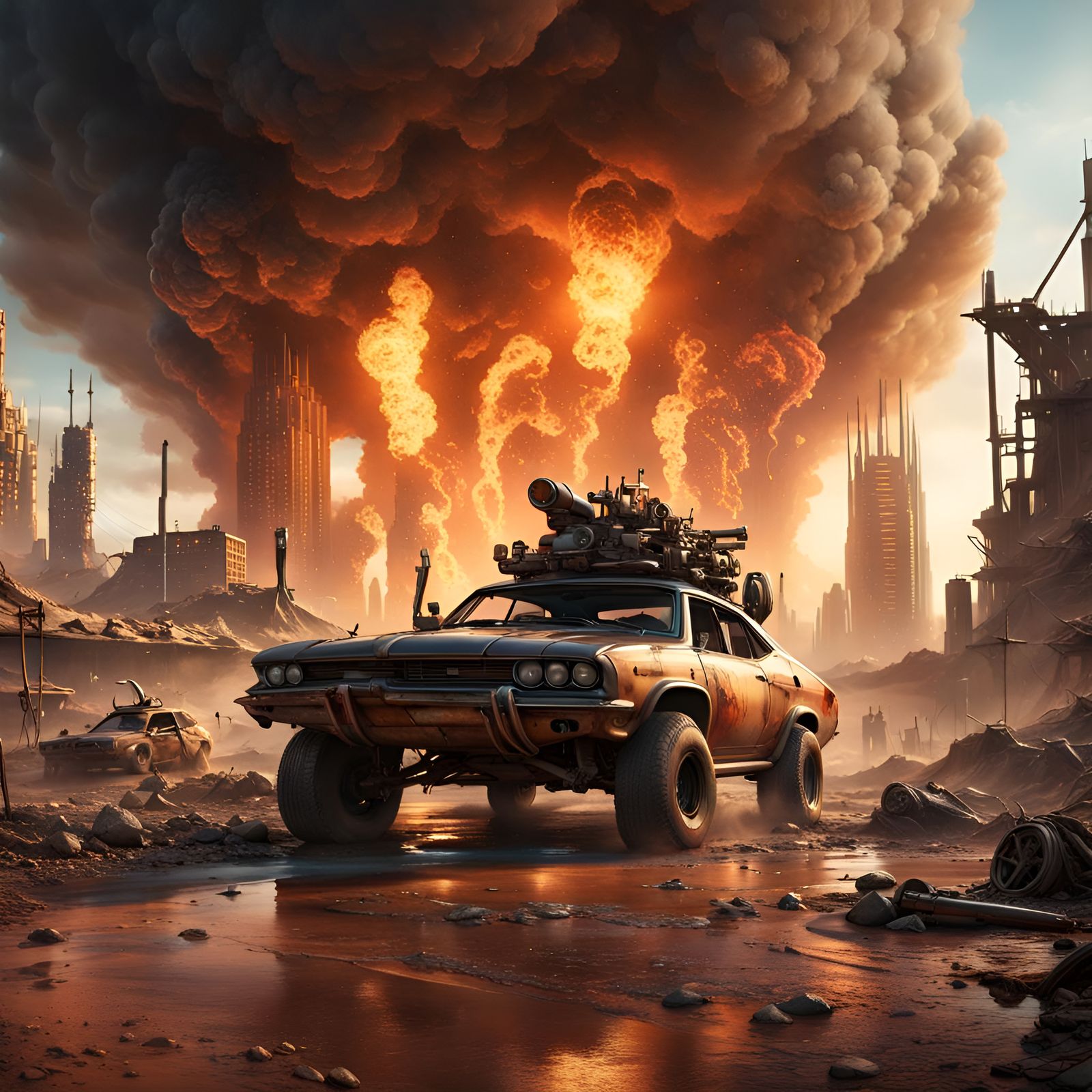 Mad Max Alien Vehicle in Dystopian Cityscape