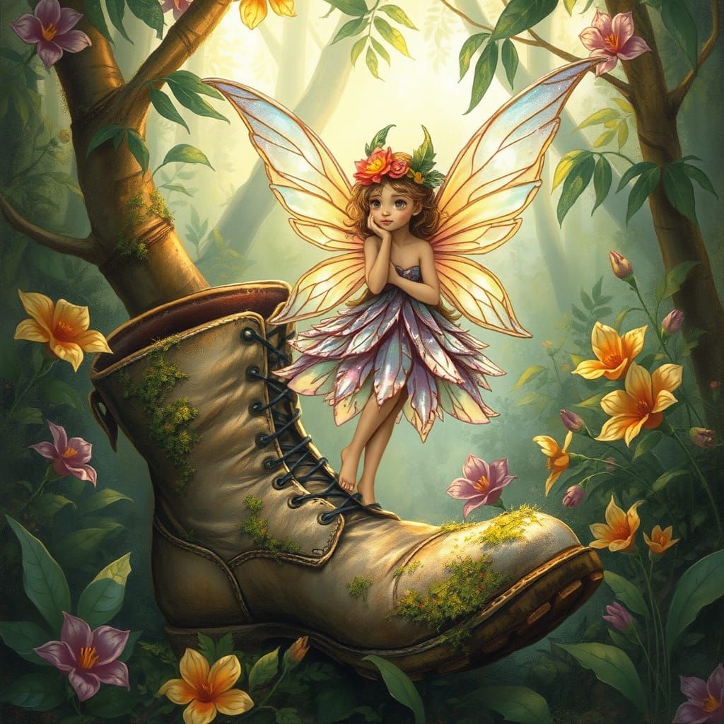 Fairy on Vintage Boot in Lush Jungle