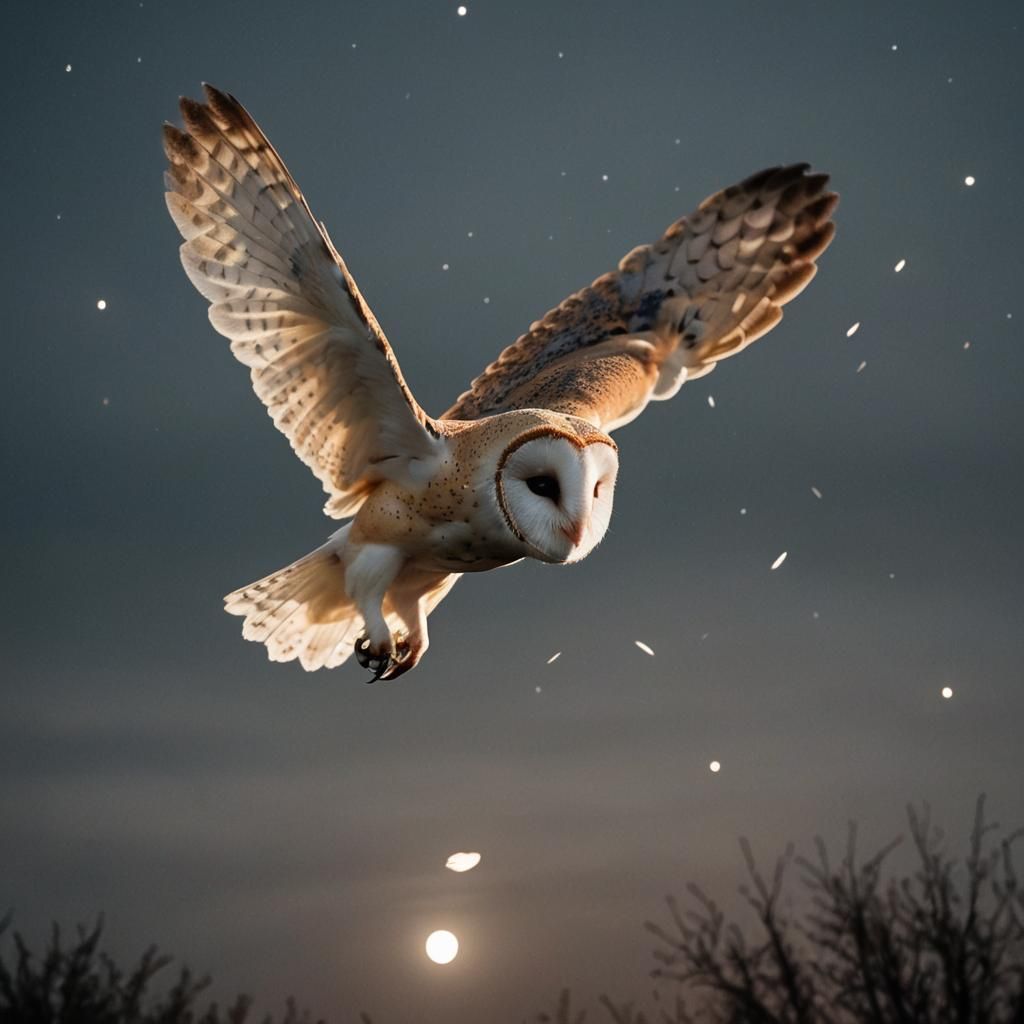 Barn Owl in Flight Under Moonlight
