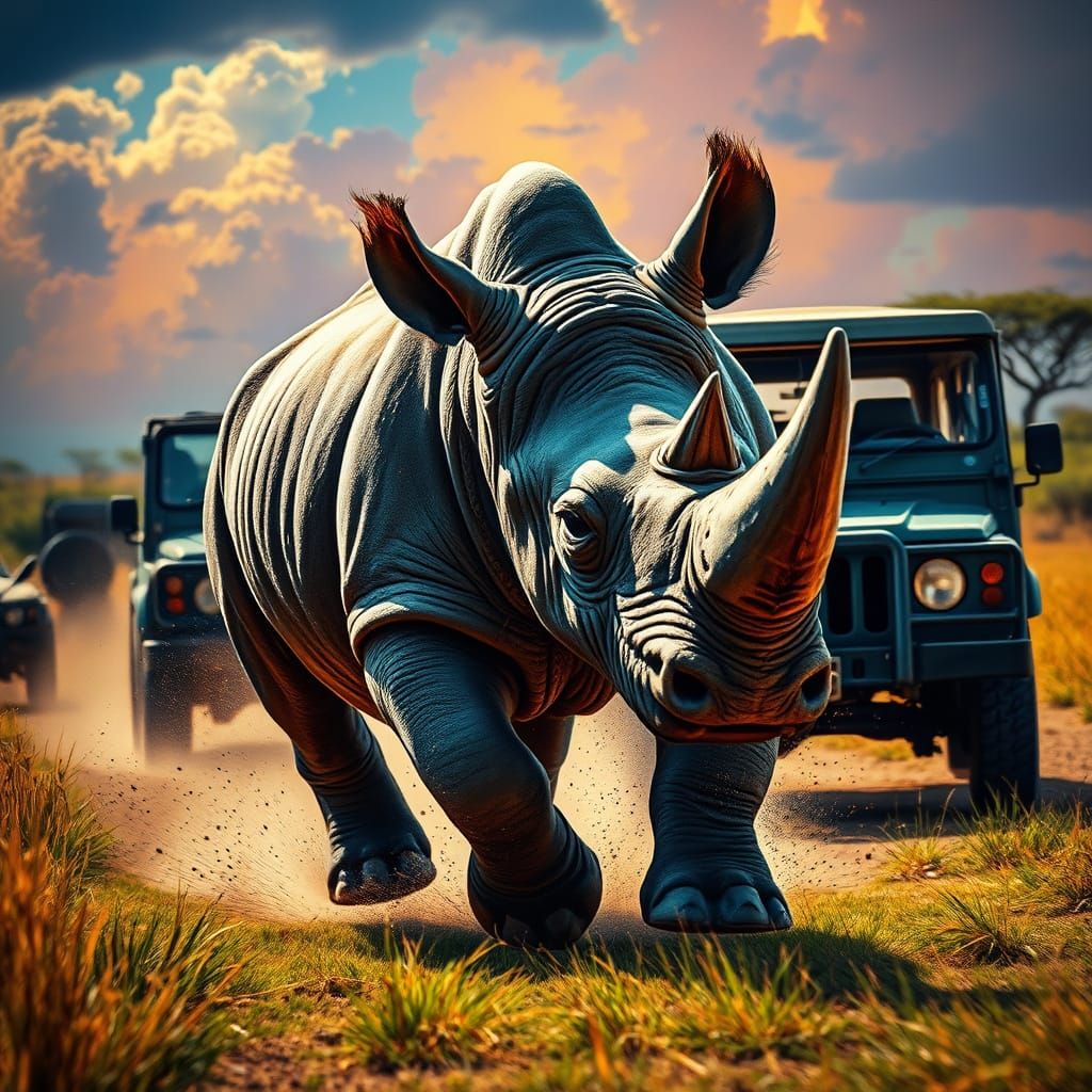 Rhino Charges Safari Jeep in Dynamic African Savannah Concep...