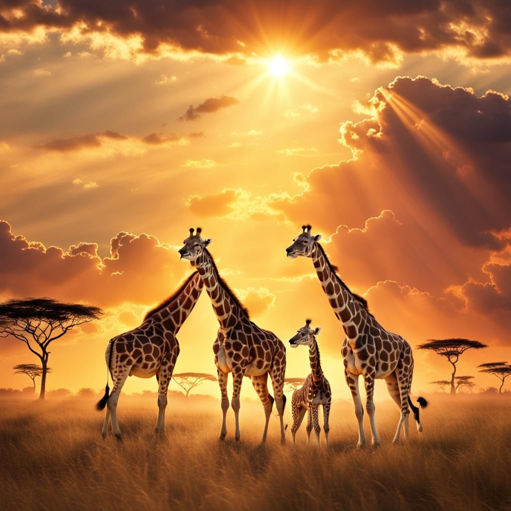 Safari Sunset with Lions and Giraffes