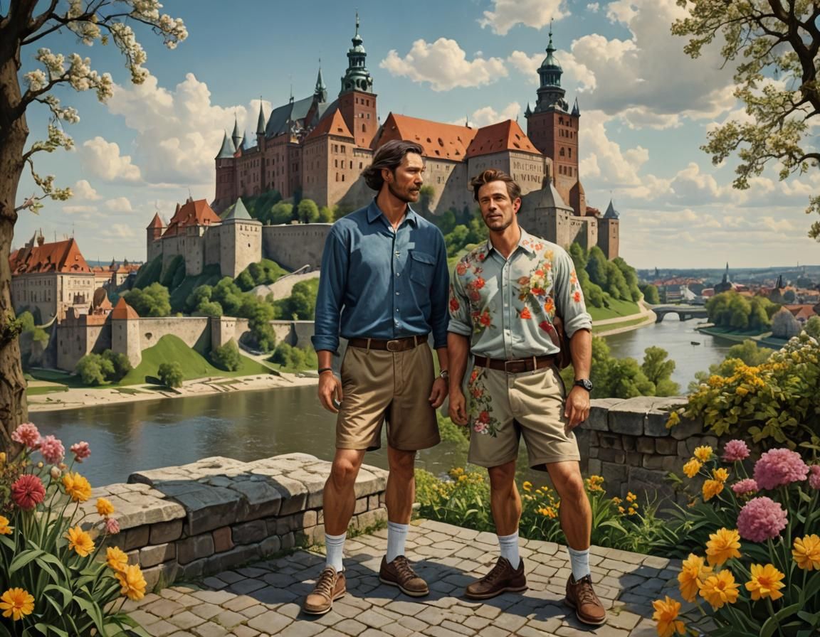 Handsome male couple at Wawel Castle in Krakow Poland