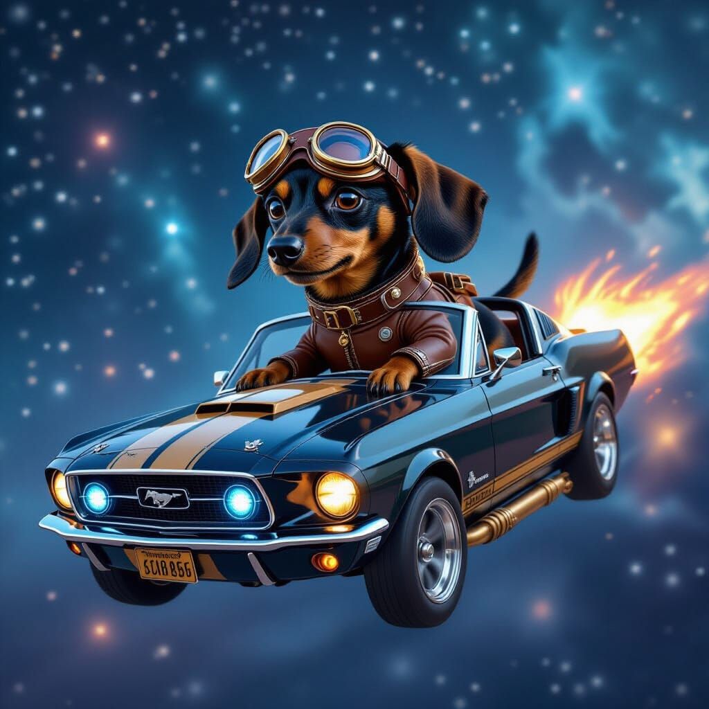 Steampunk Dachshund Flying Mustang GT Through Space