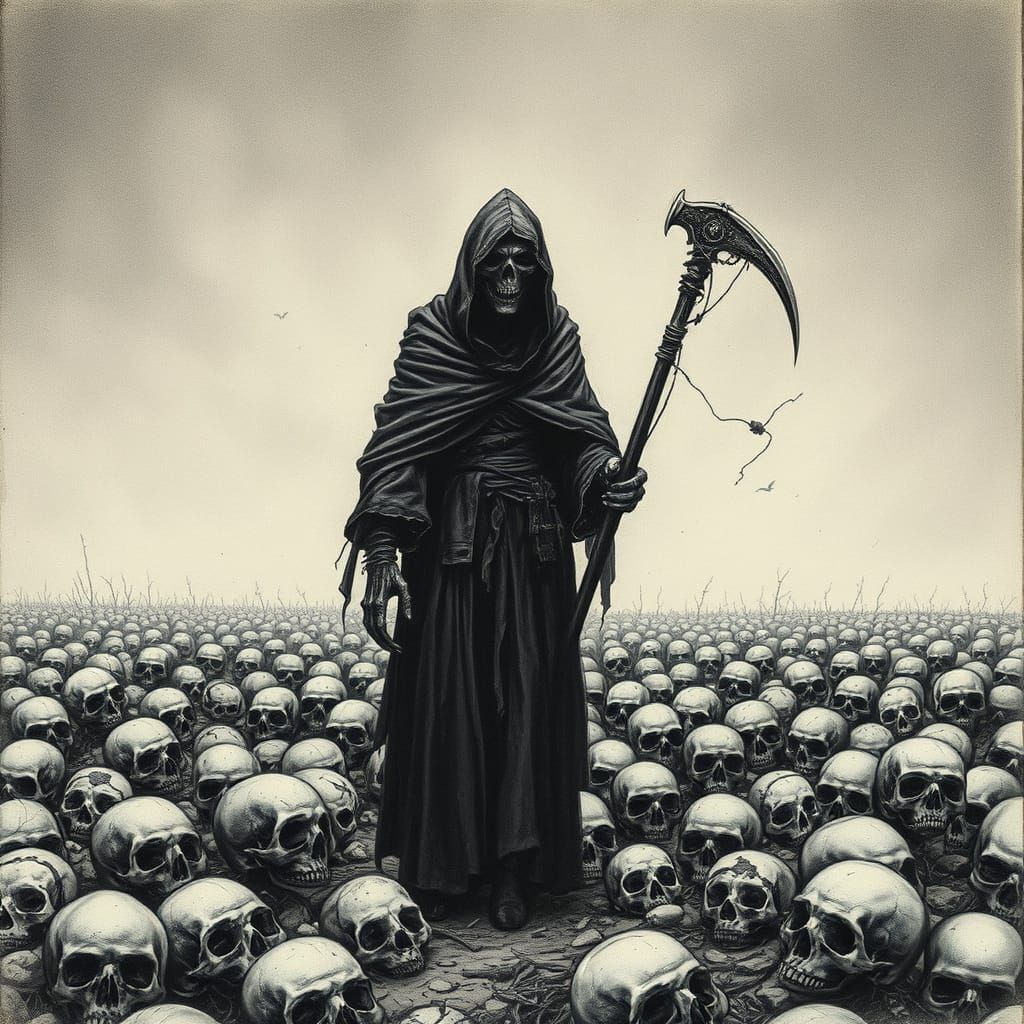 Grim Reaper in a Field of Weathered Skulls, in a Dark, Hyper...