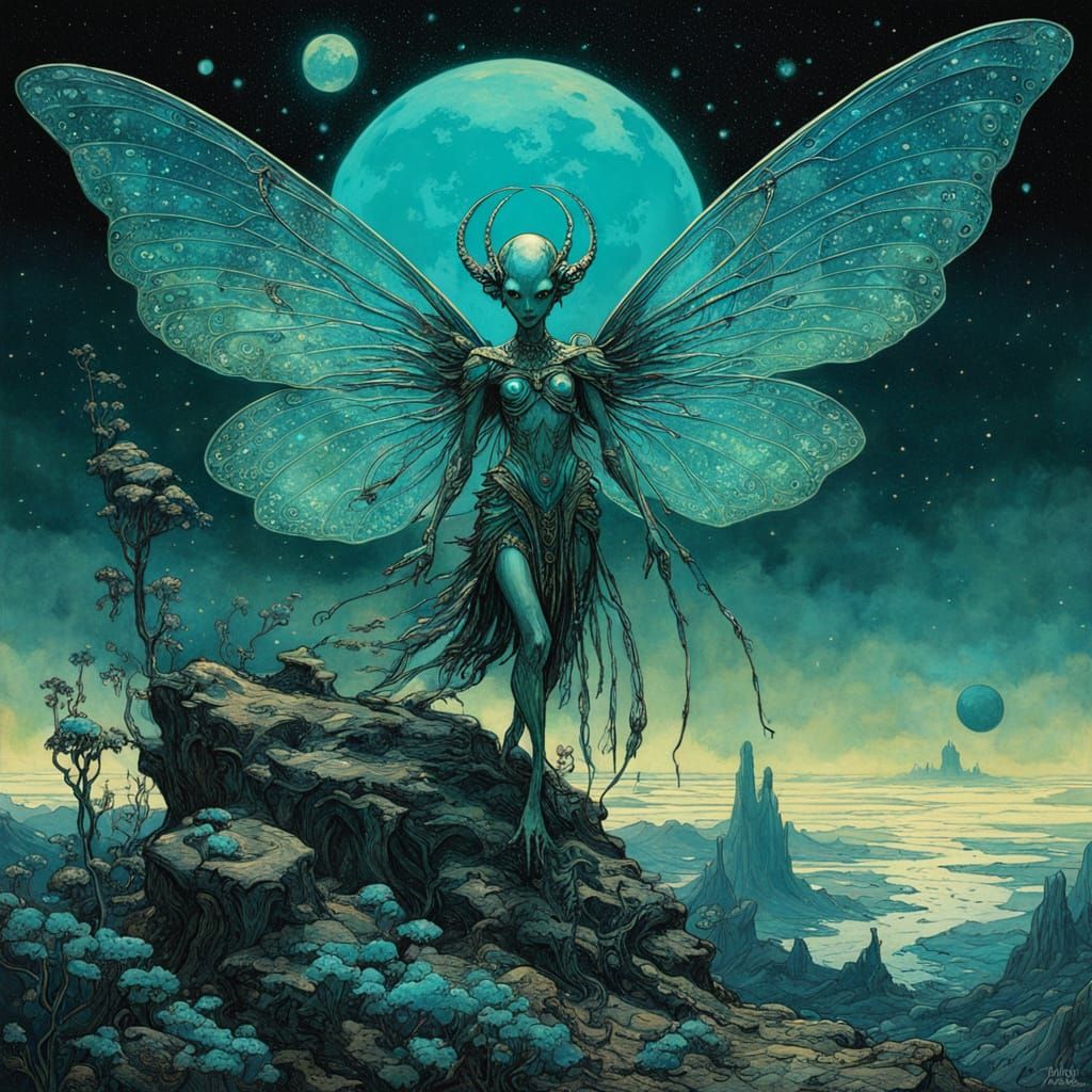 Sci-fi fantasy. Medium shot. An alien looking fairy with per...