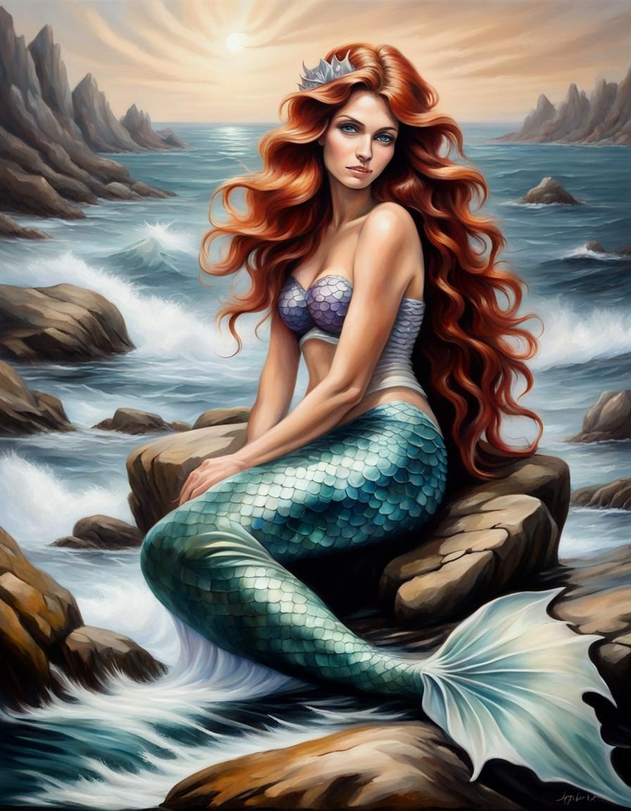Mermaid on the Rocks Oil Painting