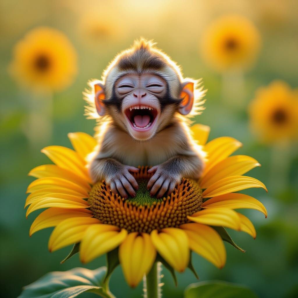 Monkey's Joyful Laugh on Sunflower, Digital Matte Painting