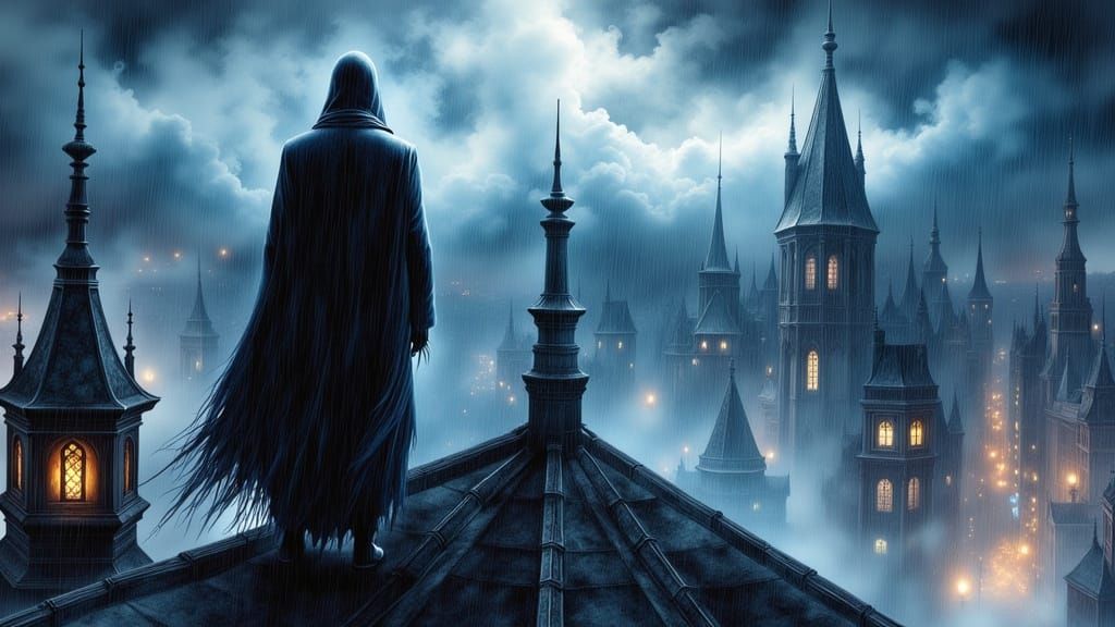 Mysterious Crow Figure on Gothic Rooftop in Neon City