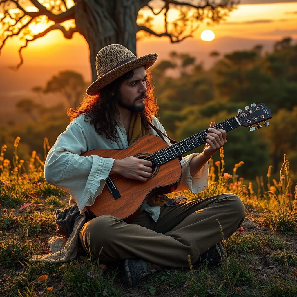 Hilltop Settler Plays Guitar in Lush Landscape