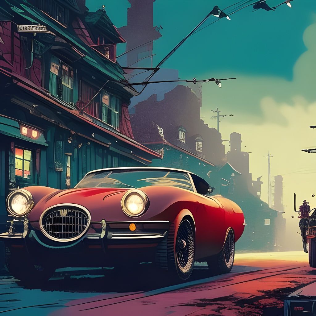 Red Vintage Car in Detailed 3D Comic Art