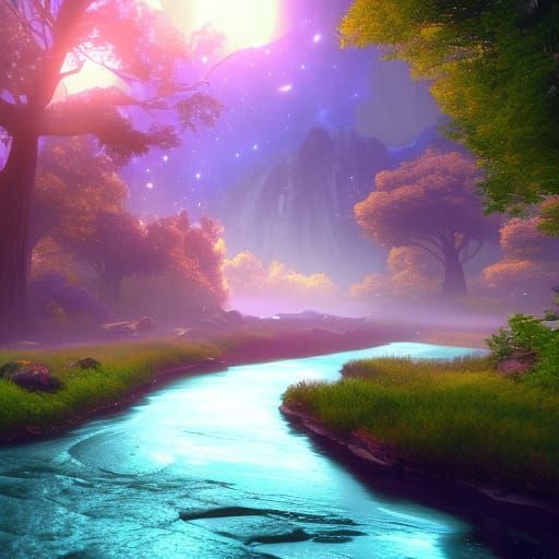 Fantastical Galaxy River with Trees in Deep Color