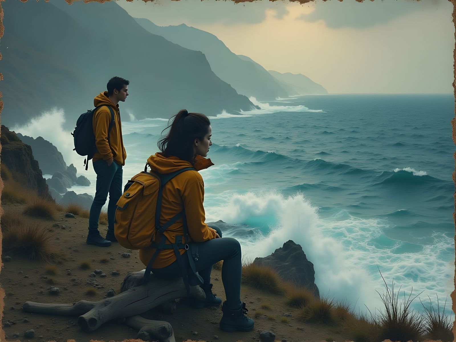 Couple Watches Storm on Cliff Overlooking Ocean