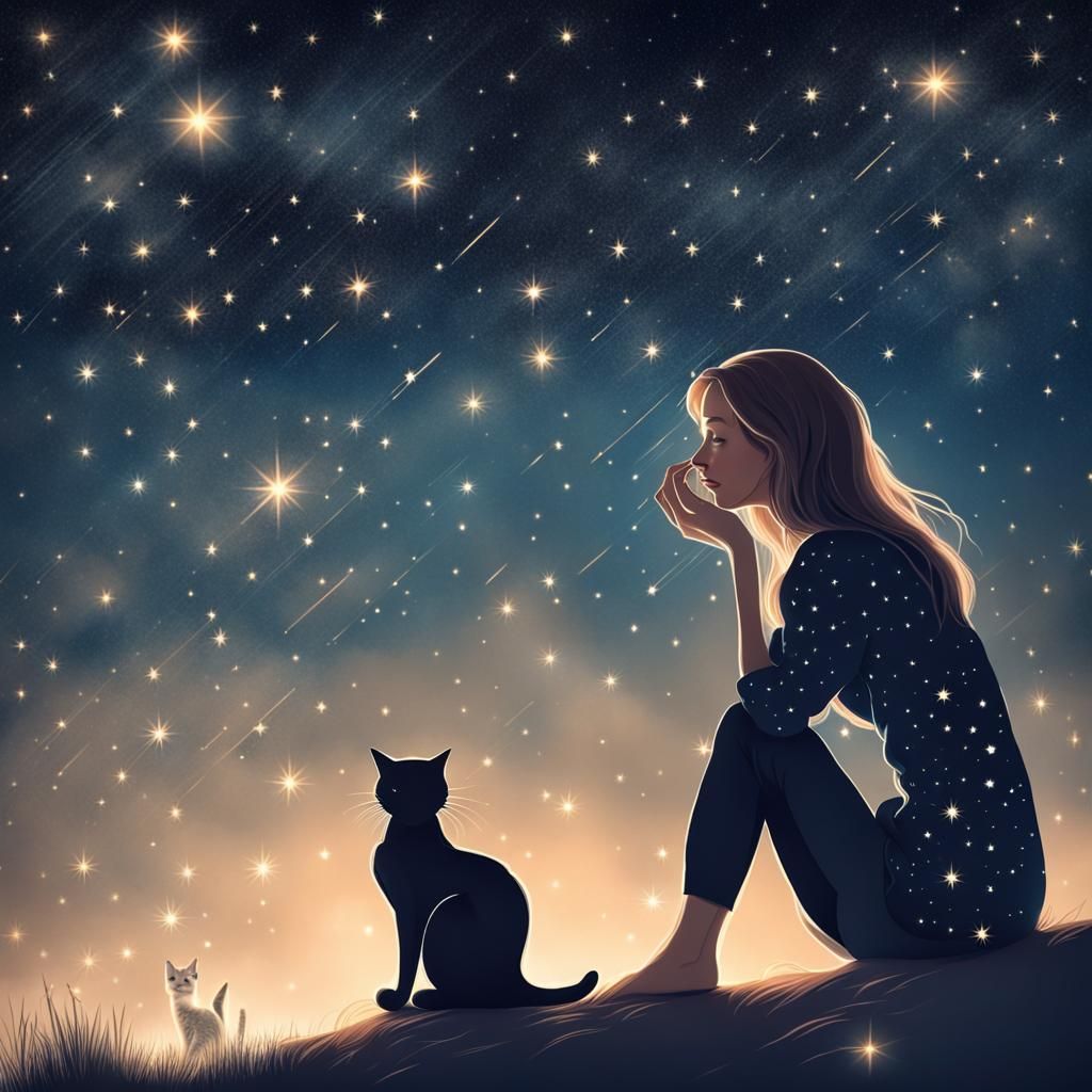 Woman Admiring a Star Cat in Night Sky