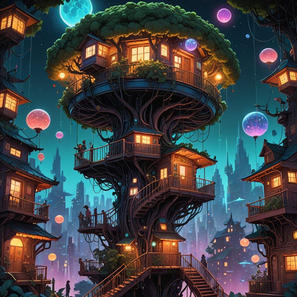 Cyberpunk Rosebush Treehouse in Vibrant Astral Landscape